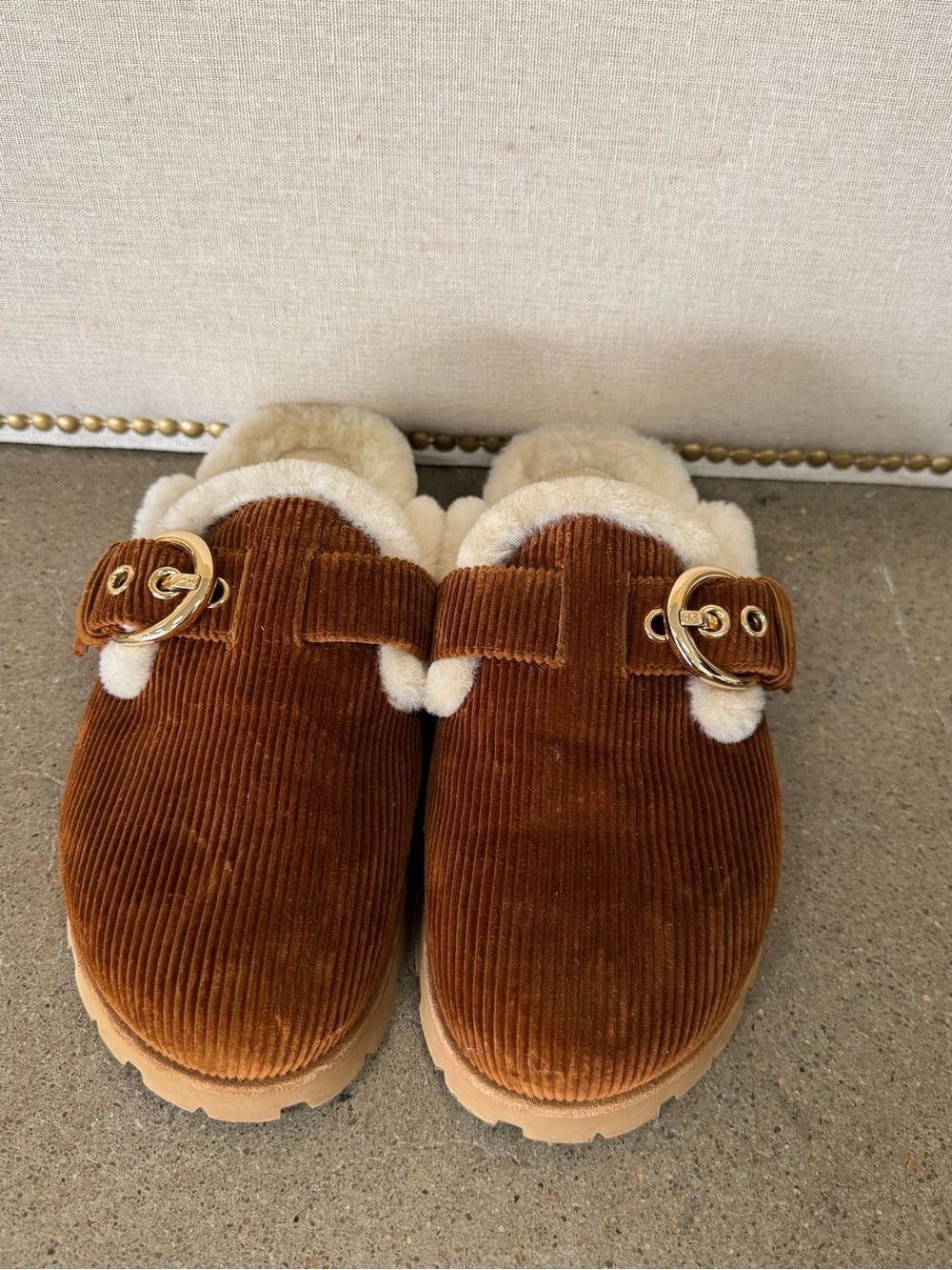 Stuart Weitzman Brown Corduroy Shearling-Trim Clog Mules with Gold Buckles